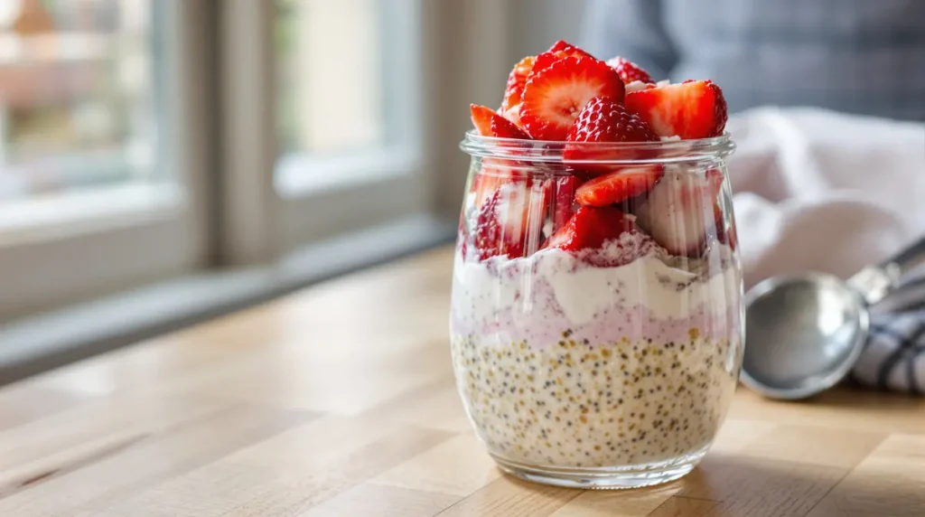 Petit-déj printanier prêt à l’avance : ces overnight oats crémeux marient douceur des fruits rouges, croquant et onctuosité du yaourt grec